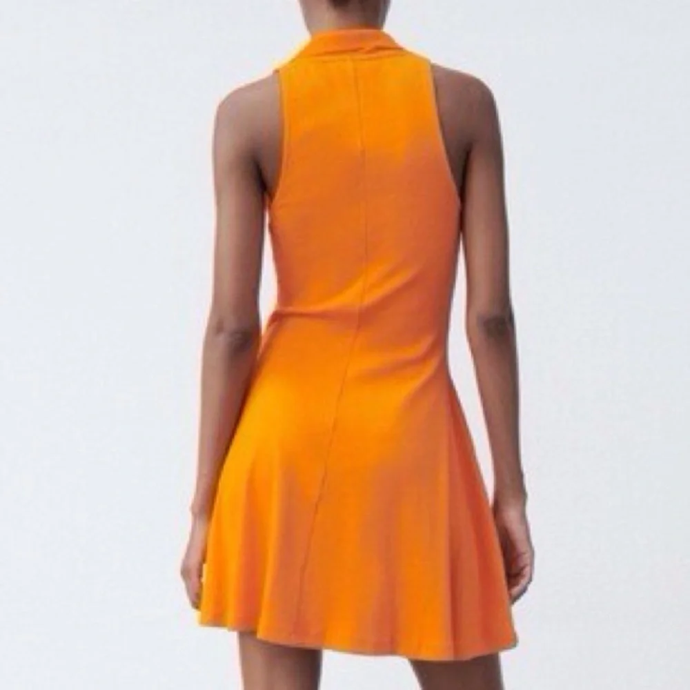 Zara Women S Orange Ribbed Sporty Sleeveless V-Neck Lapel Collar Skater Dress - Picture 2 of 9